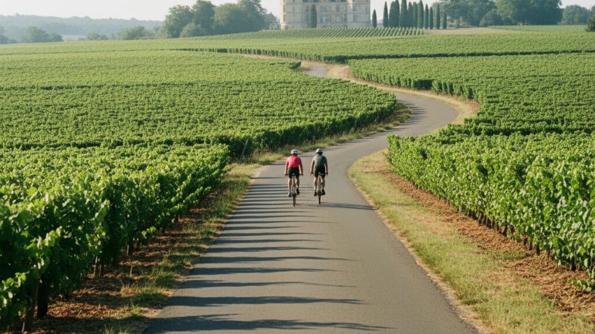 The Great Bordeaux Vineyard Crossing by Bike Illustrative image, AI-generated or AI-modified: The Great Bordeaux Vineyard Crossing by Bike