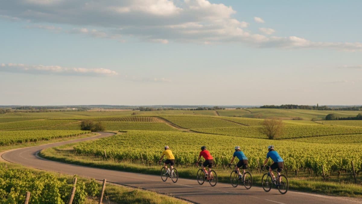 The Great Bordeaux Vineyard Crossing by Bike Illustrative image, AI-generated or AI-modified: The Great Bordeaux Vineyard Crossing by Bike